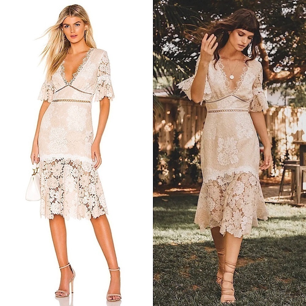SAYLOR Beige Floral Lace Ruffle Short Sleeve Flounce Hem Fit Flare Midi Dress S
